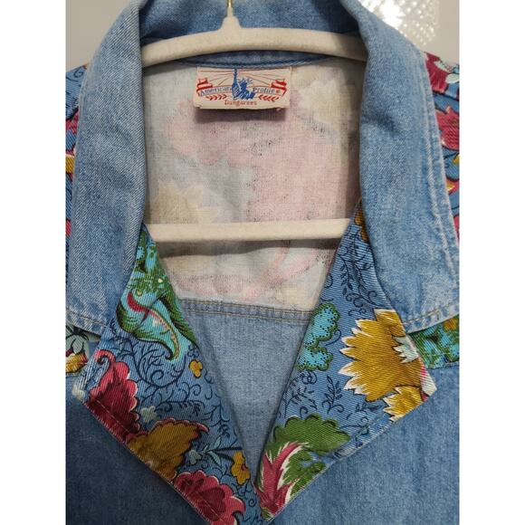 Vintage 80s 90s American Dungaree chambray denim jacket floral tapestry womens L - Picture 7 of 10